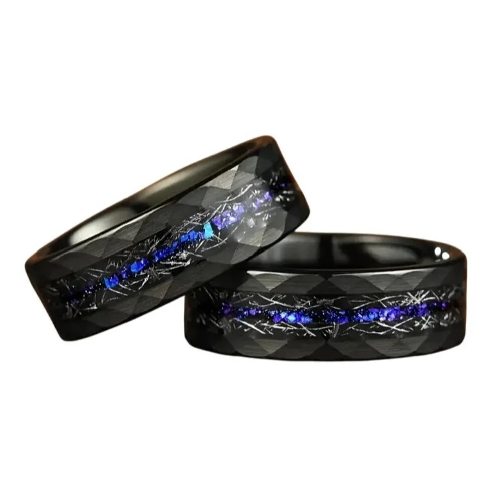 Tungsten Steel Matte Black  Hammered 8MM Double Beveled men's wedding ring